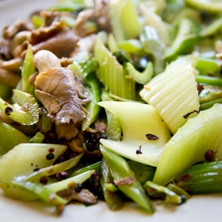 celery and oyster mushroom stirfry with szechuan pepper